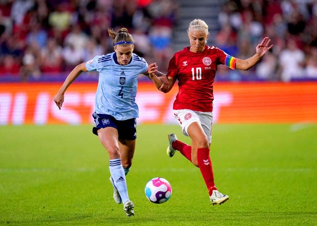 Denmark’s Pernille Harder (right) was unable to find a way through the Spanish defence