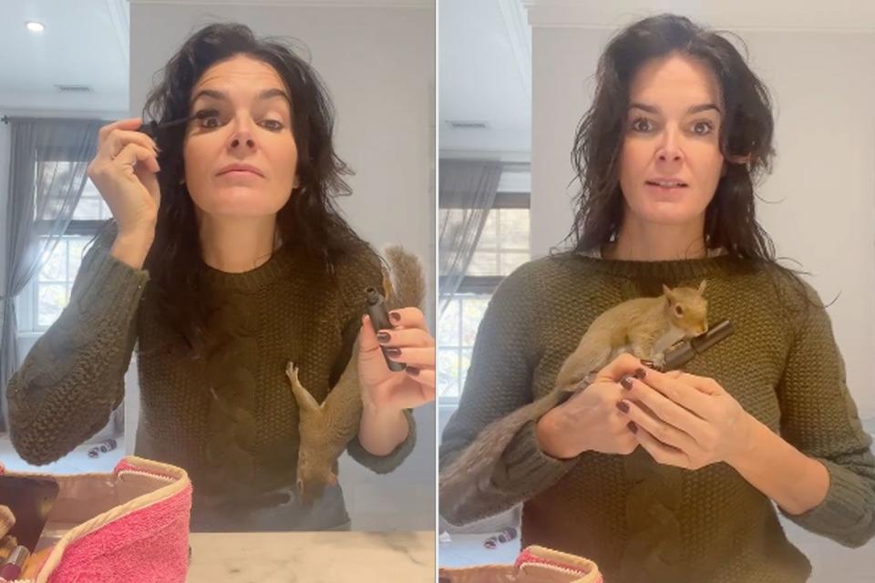 <p>angie harmon/instagram</p> Angie Harmon filmed a makeup tutorial with her pet squirrel, Thomas.