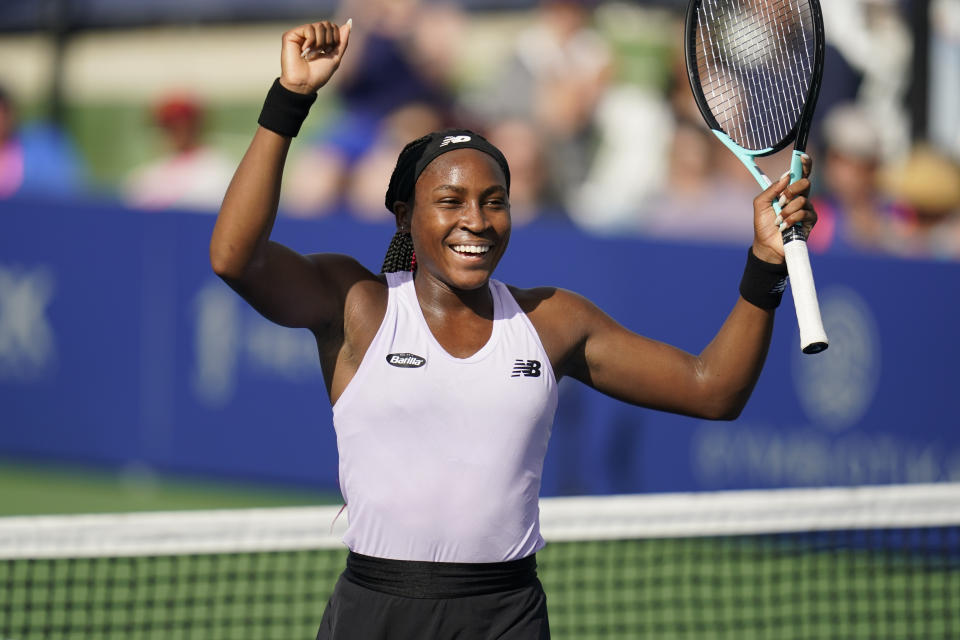 Coco Gauff reacts toward partner Jessica Pegula after defeating Gabriela Dabrowski, of Canada, and Giuliana Olmos, of Mexico, in the doubles final at the San Diego Open tennis tournament Sunday, Oct. 16, 2022, in San Diego. (AP Photo/Gregory Bull)