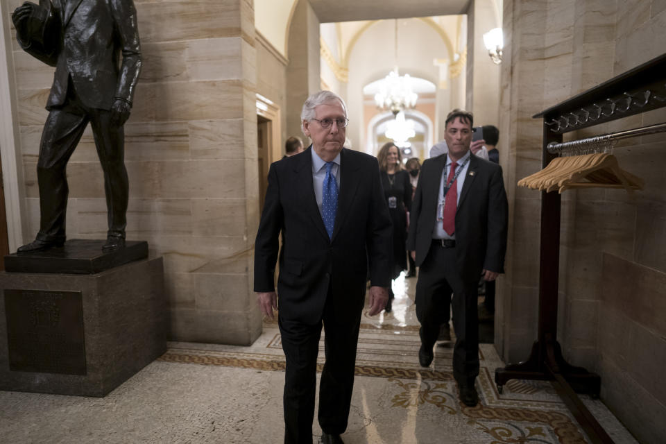 Senate Minority Leader Mitch McConnell, R-Ky., arrives as Senate Republicans gather in the historic Old Senate Chamber for debate as they choose their leadership, at the Capitol in Washington, Wednesday, Nov. 16, 2022. Sen. Rick Scott, R-Fla., an ally of former President Donald Trump, is challenging longtime GOP leader Sen. Mitch McConnell, R-Ky. (AP Photo/J. Scott Applewhite)