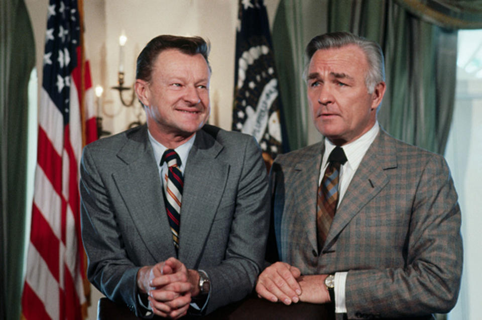 <p>National Security Adviser Zbigniew Brzezinski and Central Intelligence Agency Director Stansfield Turner await the start of a meeting in the Cabinet Room at the White House on Jan. 24, 1978. (Photo: Wally McNamee/Corbis via Getty Images) </p>