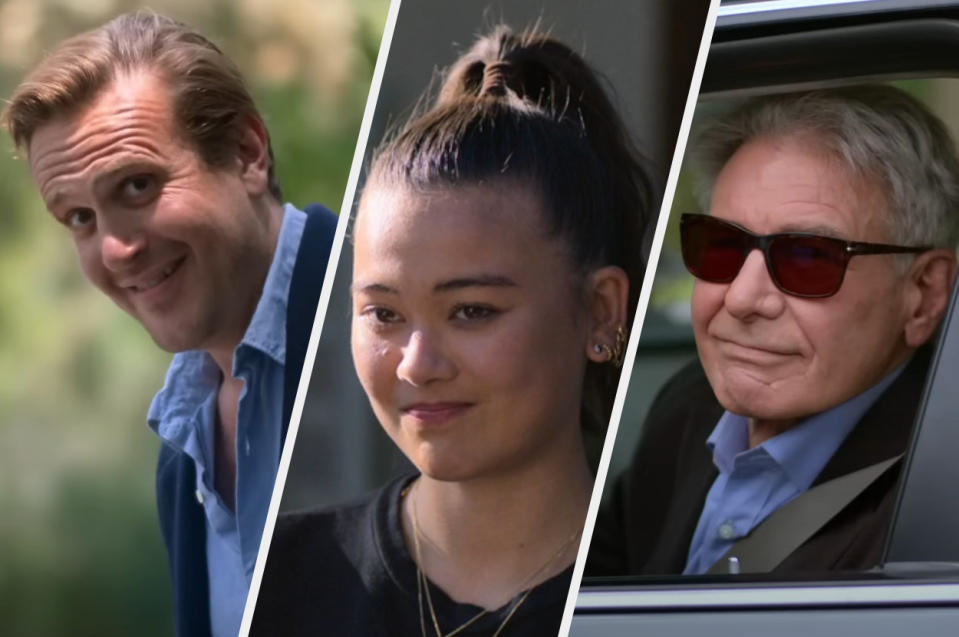 Jason Segel as Jimmy smiles, Lukita Maxwell as Alice talks to Sean, and Harrison Ford as Paul sits in his car in "Shrinking"