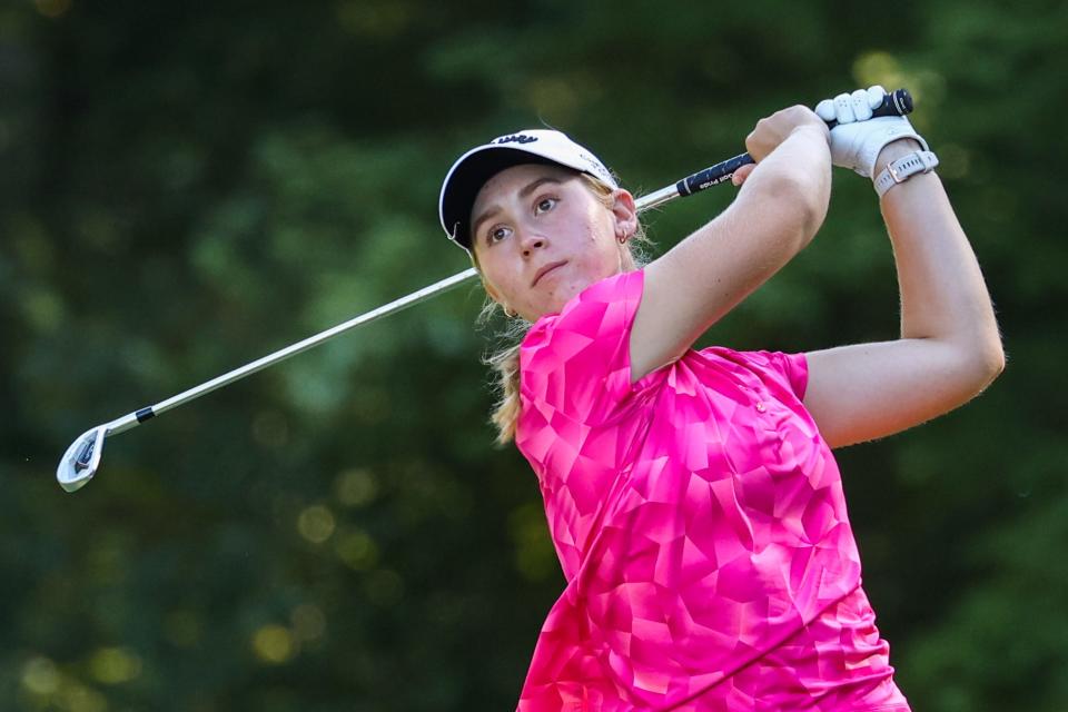 Carys Fennessy tees off on the par 3 eighth hole during the LPGA's FM Global Championship at TPC Boston Friday, Aug. 30, 2024 in Norton, Massachusetts.