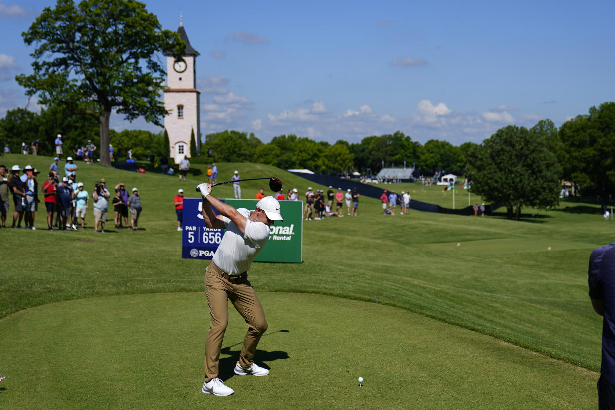 Rory McIlroy hits his tee shot on the 4th hole during a practice round for the PGA Championship at Southern Hills Country Club. (Michael Madrid-USA TODAY Sports)