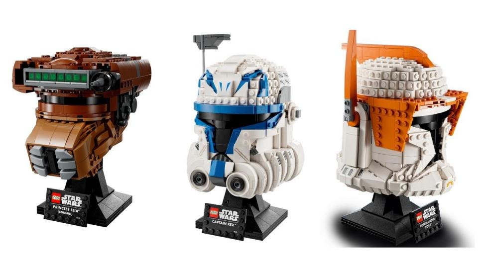 Star Wars LEGO helmets, from L to R, Princess Leia as Boushh, Clone Captain Rex, and Clone commander Cody.