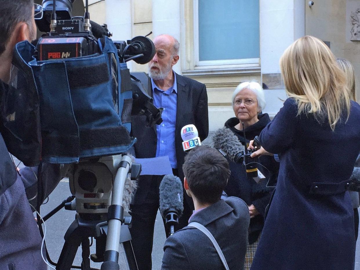 Thomas Orchard's father Ken and mother Alison Orchard speak to the media outside Bristol Crown Court: PA