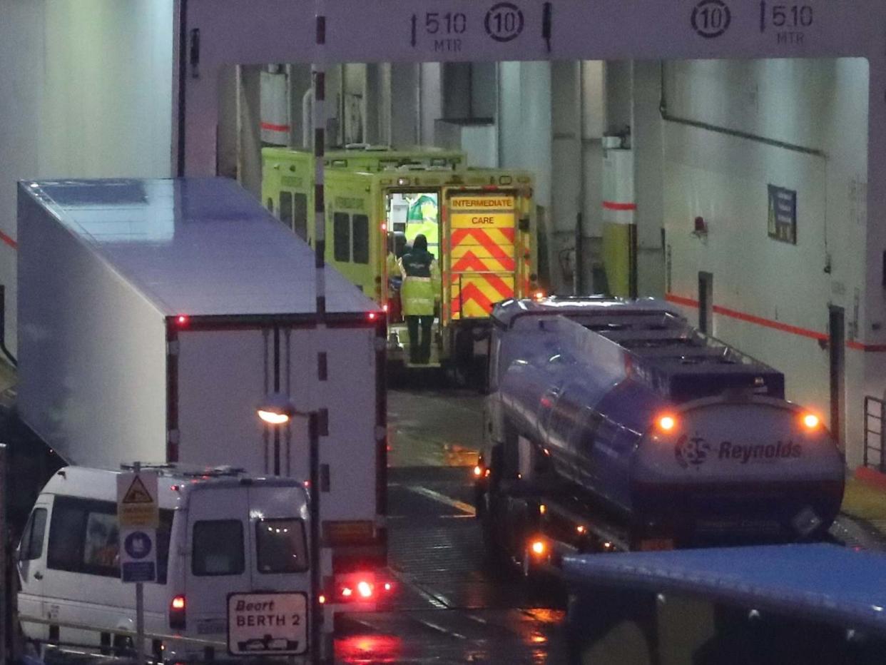 Emergency personnel at Rosslare Europort in Co Wexford, board the Stena Line ferry after 16 people were discovered in a sealed trailer on the ship sailing from France: Niall Carson/PA Wire