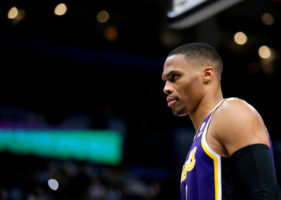 Los Angeles' Russell Westbrook (0) reacts during the NBA basketball game between the Oklahoma City Thunder and the Los Angeles Lakers at the Paycom Center in Oklahoma City, Friday, Dec. 10, 2021.