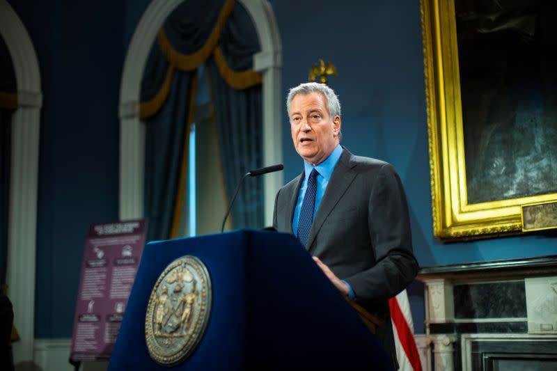 New York City Mayor Bill de Blasio speaks at a news briefing of the COVID-19 at the City Hall in the Manhattan borough of New York City, New York