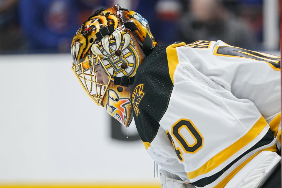 Boston Bruins goaltender Tuukka Rask (40) reacts after New York Islanders' Brock Nelson scored a goal during the second period of Game 6 during an NHL hockey second-round playoff series Wednesday, June 9, 2021, in Uniondale, N.Y. (AP Photo/Frank Franklin II)