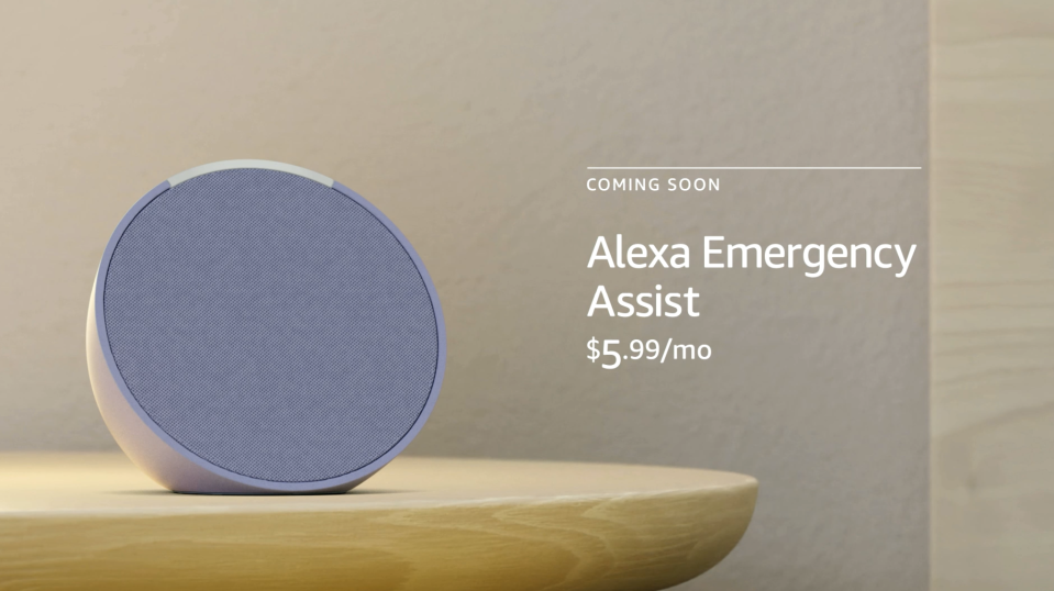 Product photo of an Amazon Echo smart speaker. Text superimposed says 