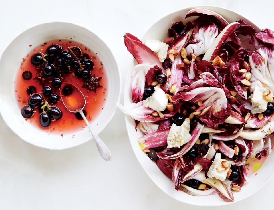 Crunchy, bitter, acidic, juicy: If these words don’t make you think of salad, this gorgeous dish is about to expand your vocabulary. <a rel="nofollow noopener" href="https://www.bonappetit.com/recipe/radicchio-salad-with-pickled-grapes-and-goat-cheese?mbid=synd_yahoo_rss" target="_blank" data-ylk="slk:See recipe.;elm:context_link;itc:0;sec:content-canvas" class="link ">See recipe.</a>