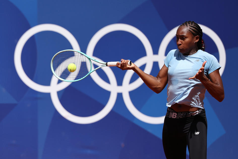 25 July 2024, France, Paris: Before the Summer Olympics, Paris 2024 Olympics, Coco Gauff from the USA in action during training at Roland Garros Stadium. Photo: Jan Woitas/dpa (Photo by Jan Woitas/picture alliance via Getty Images)