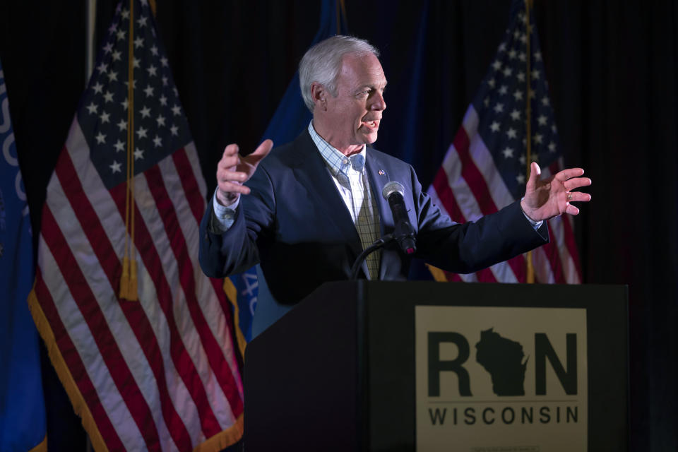 Sen. Ron Johnson, R-Wis., speaks to his supporters in the early morning hours at an election night party in Neenah, Wis., Wednesday, Nov. 9, 2022. (AP Photo/Mike Roemer)