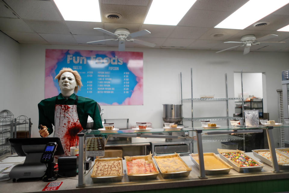 A mannequin is dressed up to look like Michael Myers in Fun Foods for Adventureland Park’s Phantom Fall Fest.