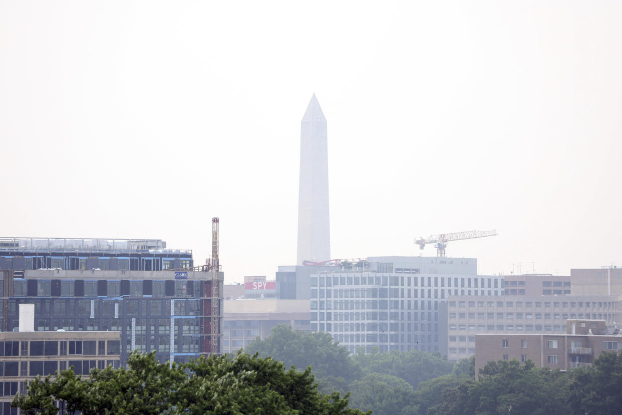 The Washington Nationals won't play Thursday due to air quality resulting from 414 out of control fires in Canada hitting parts of the U.S., including Washington, D.C. (mpi34/MediaPunch /IPX)