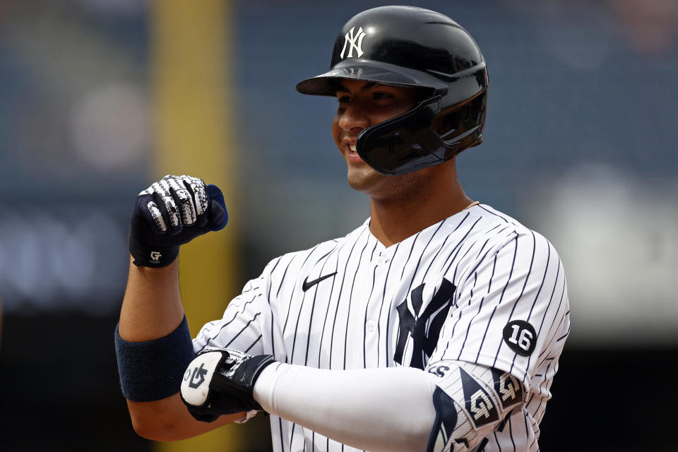 New York Yankees' Gleyber Torres reacts after hitting a single during the seventh inning of a baseball game against the Chicago White Sox on Saturday, May 22, 2021, in New York. (AP Photo/Adam Hunger)