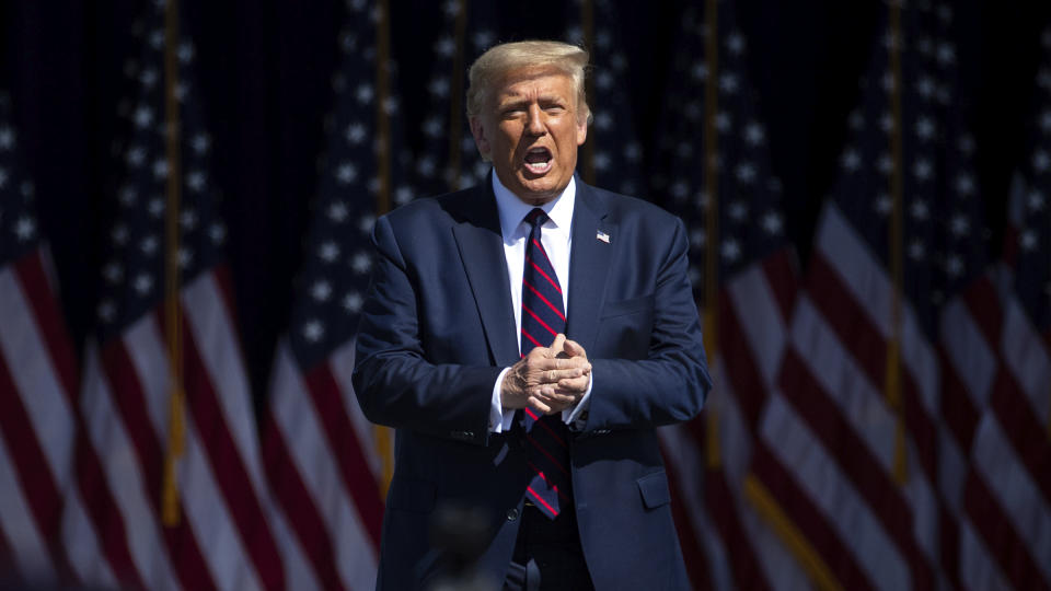 President Donald Trump arrives to speak to a crowd of supporters at Mariotti Building Products in Old Forge, Pa. on Thursday, Aug. 20, 2020. (Christopher Dolan / The Times-Tribune via AP)