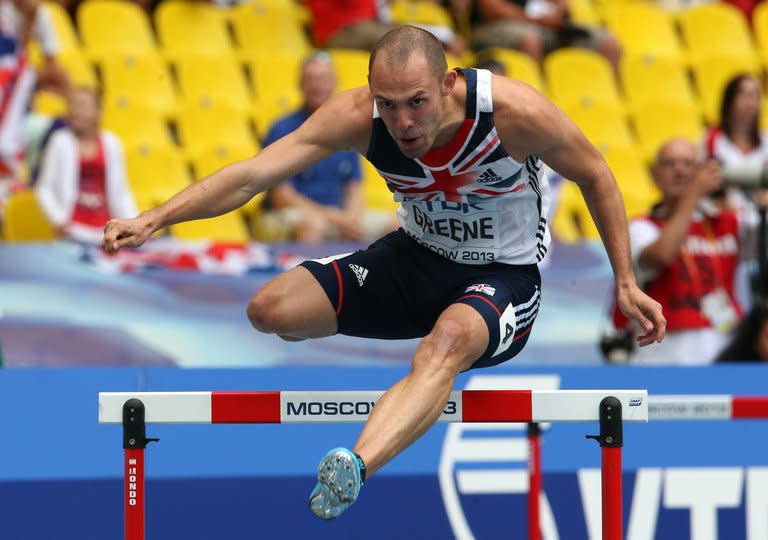 Great Britain's David Greene competes during the men's 400 metres hurdles event at the World Athletics Championships at the Luzhniki stadium in Moscow, on August 12, 2013