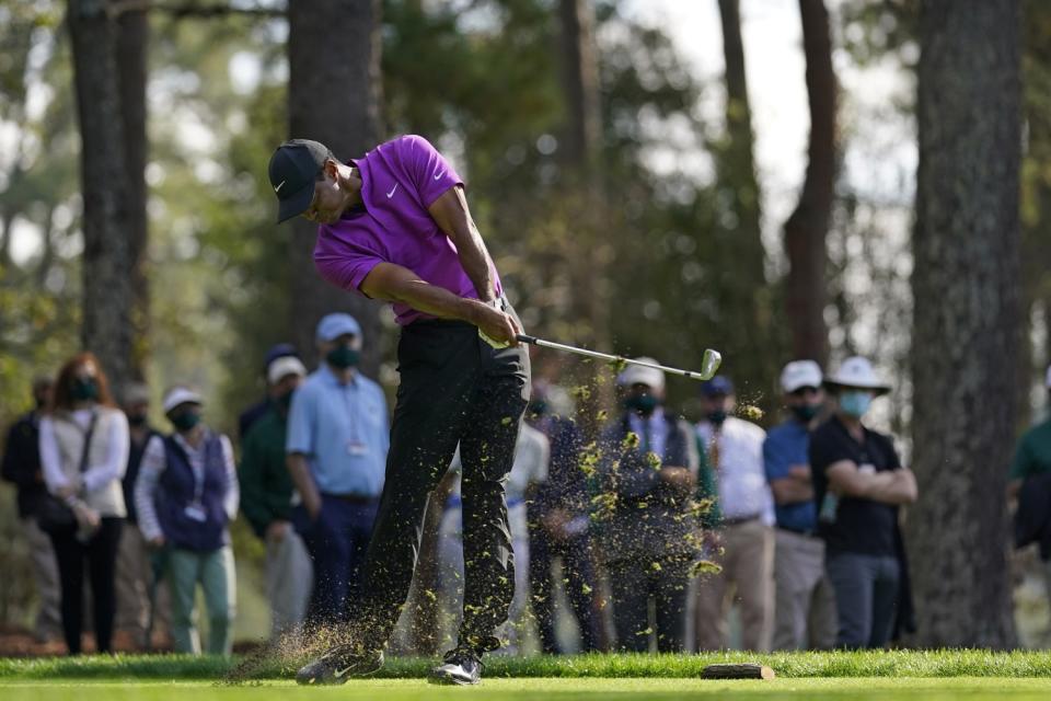 Tiger Woods hits on the fourth hole during the third round of the Masters.