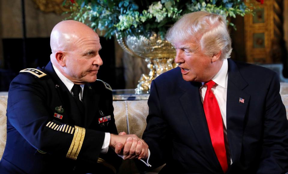 President Trump shakes hands with his new national security adviser, Army Lt. Gen. H.R. McMaster, at his Mar-a-Lago estate in Palm Beach, Fla., on Feb. 20, 2017. (Kevin Lamarque/Reuters)