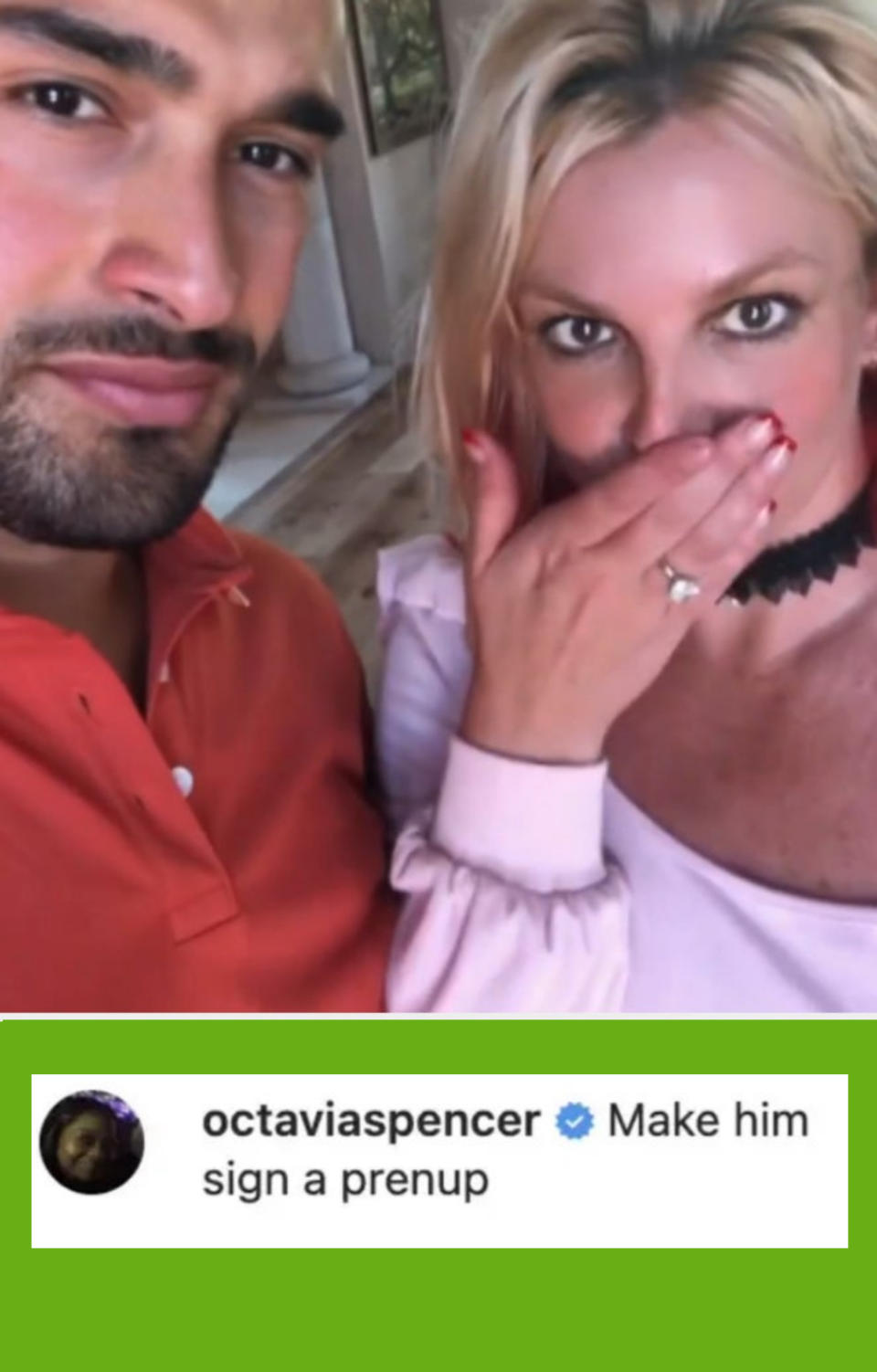 Spears announcing her engagement; Spencer's comment: "Make him sign a prenup"