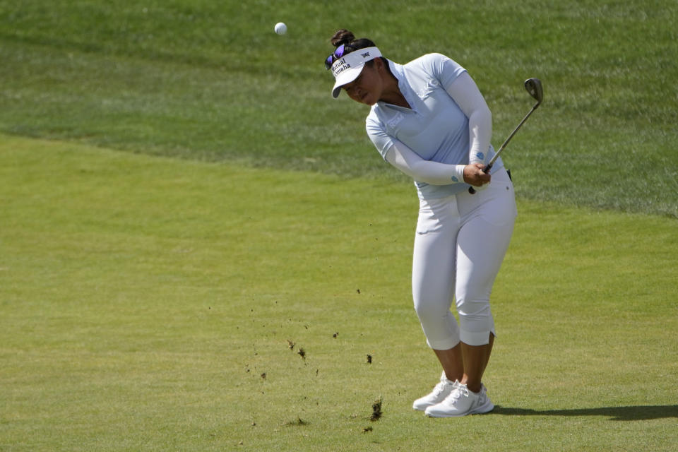 Megan Khang hits on the 11th hole during the third day of round-robin play in the LPGA Bank of Hope Match Play golf tournament Friday, May 27, 2022, in North Las Vegas, Nev. (AP Photo/John Locher)