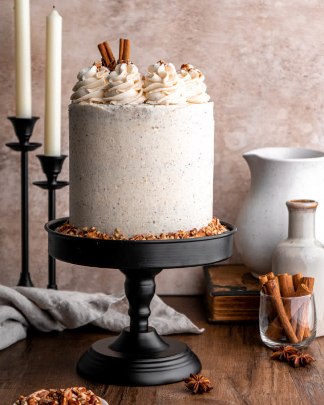 <p>In Bloom Bakery</p><p>Sweet and tender maple pecan layer cake full of chopped pecans, frosted and filled with decadent brown butter buttercream.</p><p><strong>Get the recipe: <a href="https://inbloombakery.com/maple-pecan-layer-cake/" rel="nofollow noopener" target="_blank" data-ylk="slk:Maple Pecan Layer Cake;elm:context_link;itc:0;sec:content-canvas" class="link rapid-noclick-resp">Maple Pecan Layer Cake</a></strong></p>