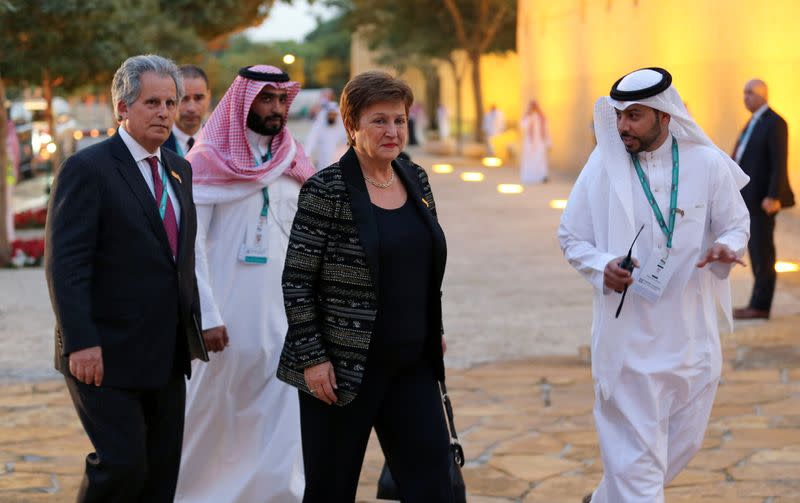 IMF Managing Director Kristalina Georgieva arrives for a welcome dinner at Saudi Arabia Murabba Palace, during the G20 meeting of finance ministers and central bank governors in Riyadh
