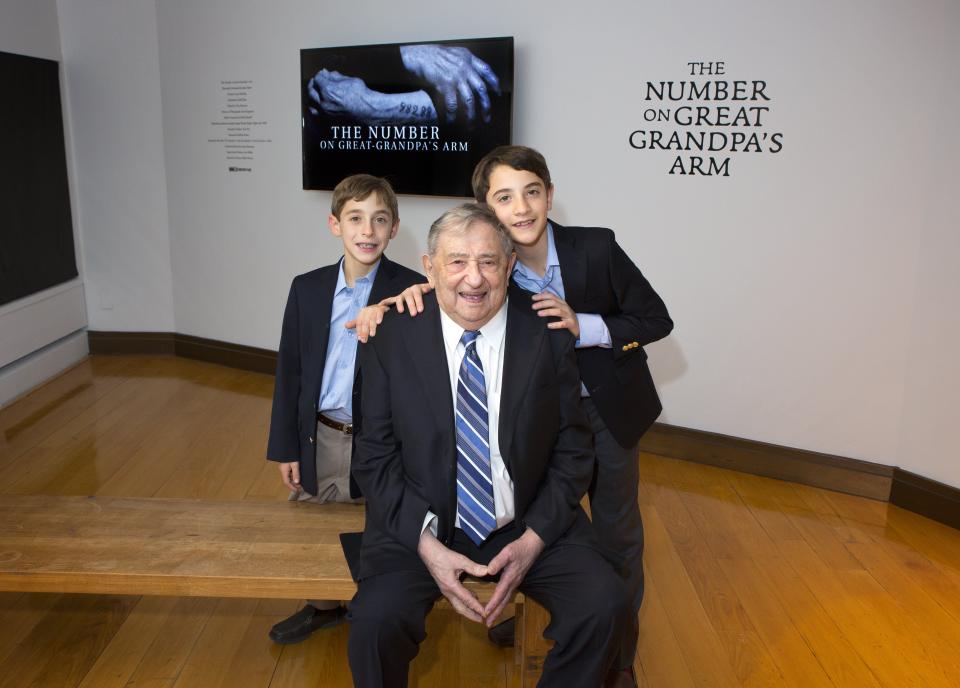 Jack Feldman with his great-grandsons Jared (left) and Elliott Saiontz (right). It was taken at the Museum of Jewish Heritage in 2018 on the day of the premiere of "The Number on Great Grandpa’s Arm."