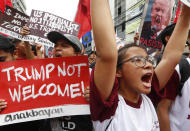 <p>Protesters rally near the U.S. Embassy in Manila to protest this weekend’s visit of U.S. President Donald Trump, Friday, Nov. 10, 2017, in Manila, Philippines. (Photo: Bullit Marquez/AP) </p>