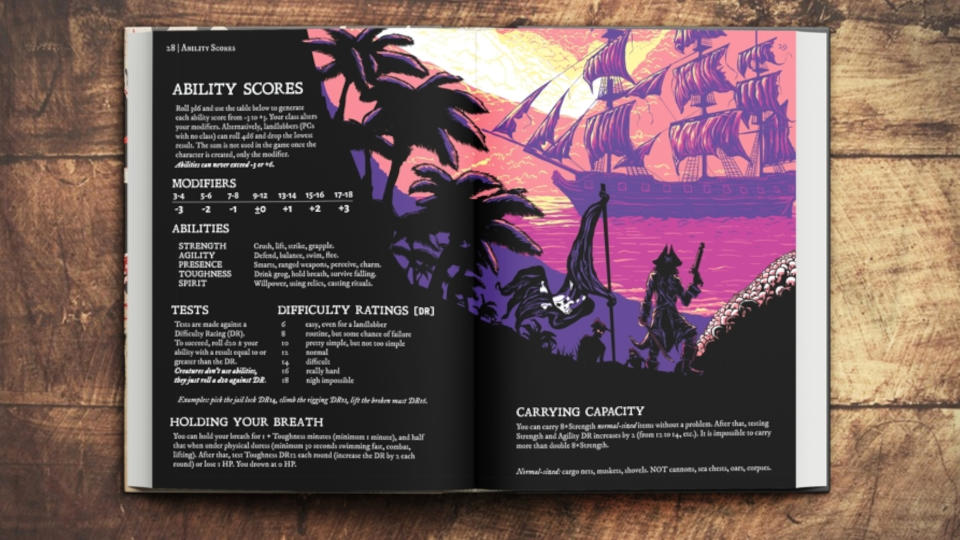 An open book revealing blocks of text, stats, and artwork of pirates marching onto an island with a galleon in the background