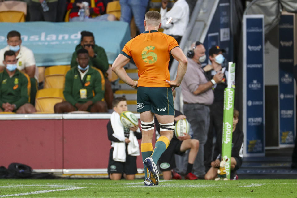 Australia's Lachlan Swinton leaves the field after he was shown a yellow card during the Rugby Championship test match between the Springboks and the Wallabies in Brisbane, Australia, Saturday, Sept. 18, 2021. (AP Photo/Tertius Pickard)