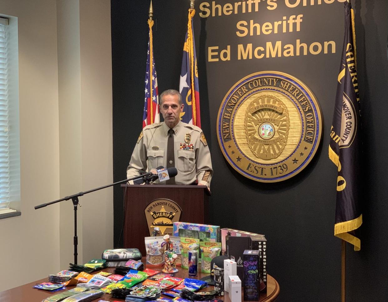 New Hanover County sheriff's deputies seized counterfeit packaged THC-infused snacks and weapons from a local gas station as part of collaborative operation.