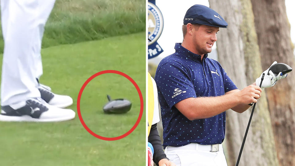 Bryson DeChambeau (pictured right) holding his broken his driver and the drier head (pictured left).