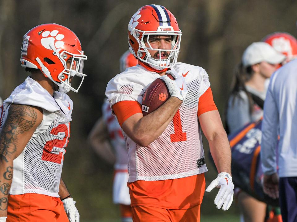 Clemson running back Will Shipley (1) during the first day of spring practice at the football Complex in Clemson, SC Monday, March 6, 2023.