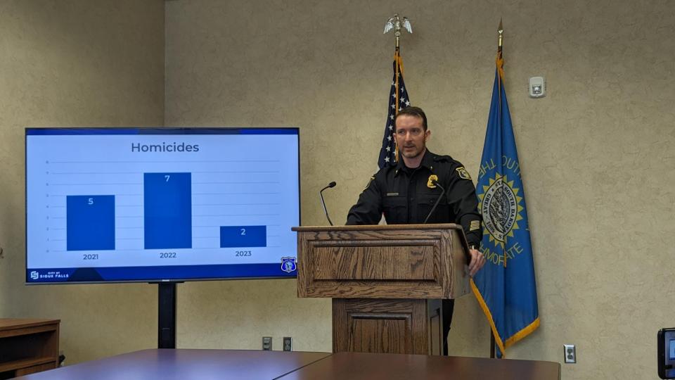 Sioux Falls Police Chief Jon Thum talks about 2023 homicide numbers during a press conference about crime statistics Tuesday, March 12, 2024, at the Law Enforcement Center in Sioux Falls.