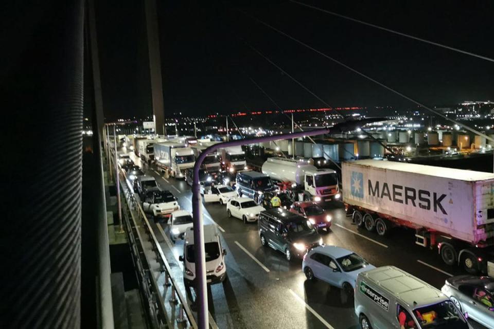 Traffic stopped after two of activists scaled the Queen Elizabeth II Bridge at the Dartford Crossing (Just Stop Oil handout/PA) (PA Media)