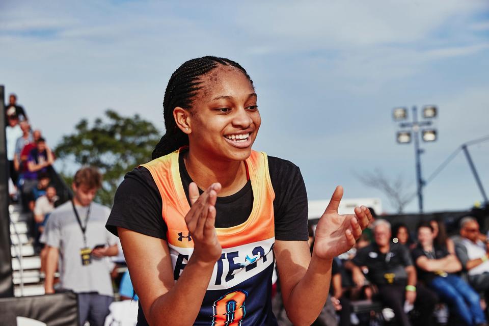 St. Johns Country Day guard Taliah Scott reacts after winning the 3-point competition at the Under Armour Next Girls Elite 24 game in Chicago on August 12, 2022. [Provided by Under Armour]