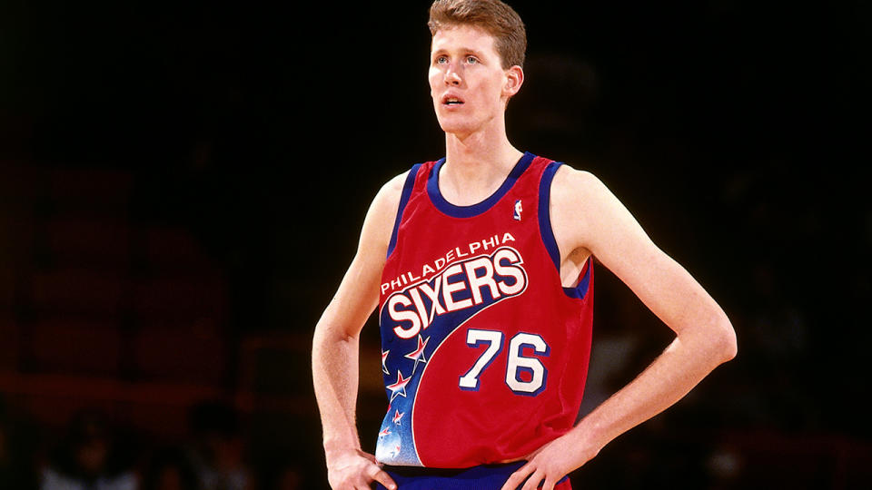 Shawn Bradley, pictured here in action for the Philadelphia 76ers in 1994.