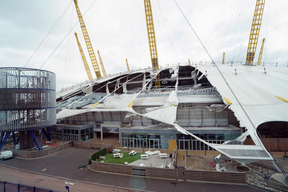 Damage to the roof of the O2 Arena (known as the Millennium Dome when it opened in 2000), in south east London, caused by Storm Eunice. (PA)