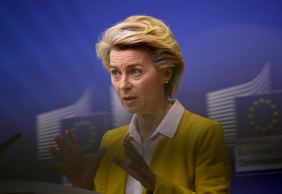 European Commission President Ursula von der Leyen delivers a statement after a meeting of the college of commissioners at EU headquarters in Brussels, Wednesday, April 14, 2021. EU Commission chief Ursula von der Leyen announced plans Wednesday for a major contract extension for COVID-19 vaccines with Pfizer stretching to 2023. (John Thys, Pool via AP)