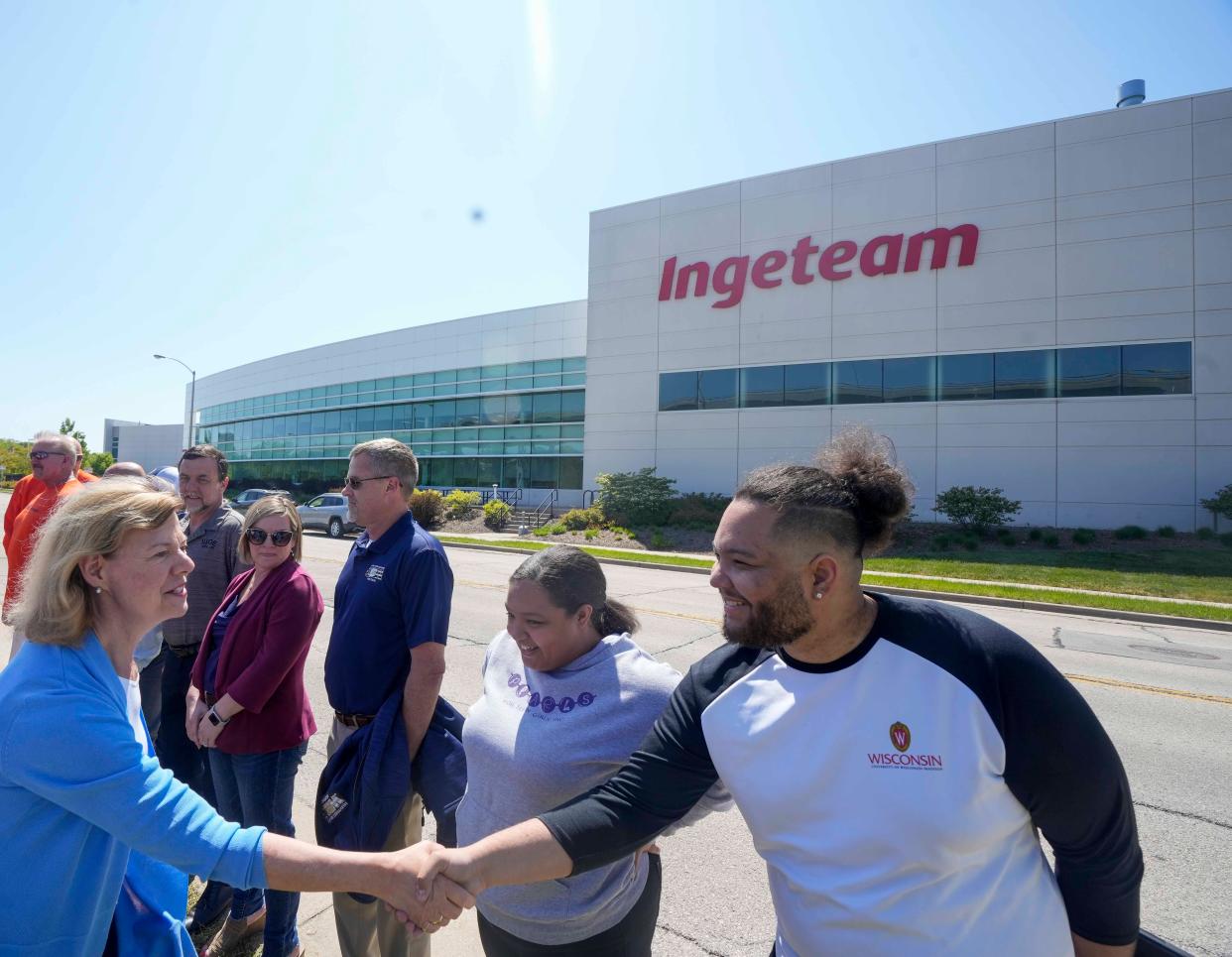 U.S. Sen Tammy Baldwin greets supporters Thursday, May 25, 2023, prior to receiving an endorsement from the Wisconsin AFL-CIO  at Ingeteam Inc., in Milwaukee.