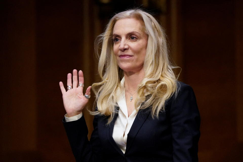 Federal Reserve Board Governor Lael Brainard testifies before a Senate Banking Committee hearing on her nomination to be vice-chair of the Federal Reserve, on Capitol Hill in Washington, U.S., January 13, 2022. REUTERS/Elizabeth Frantz