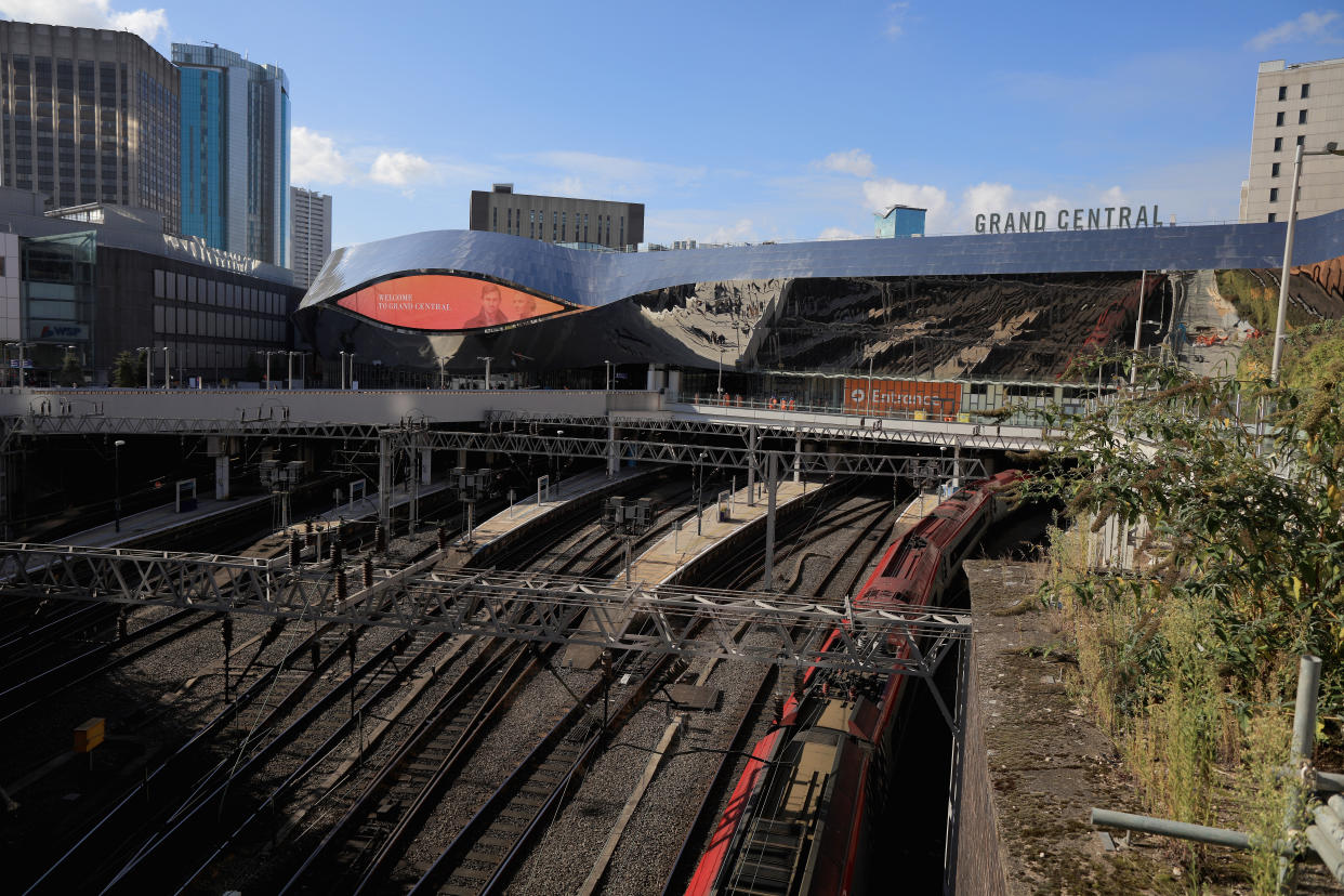 BIRMINGHAM, ENGLAND - OCTOBER 13:  A general view of the mirrored exterior of the newly revamped Birmingham New Street Station and the Grand Central shopping complex on October 13, 2015 in Birmingham, England. The revamped Birmingham New Street station and Grand Central shopping complex was unveiled last month following a 750 GBP million-pound refurbishment.  (Photo by Christopher Furlong/Getty Images)