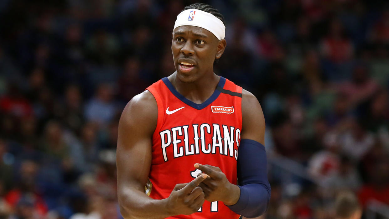 NEW ORLEANS, LOUISIANA - MARCH 03: Jrue Holiday #11 of the New Orleans Pelicans reacts against the Minnesota Timberwolves during the second half at the Smoothie King Center on March 03, 2020 in New Orleans, Louisiana.