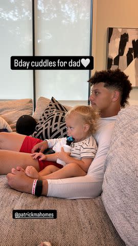 <p> Brittany Mahomes/Instagram</p> Patrick Mahomes and son Bronze cuddling on the couch