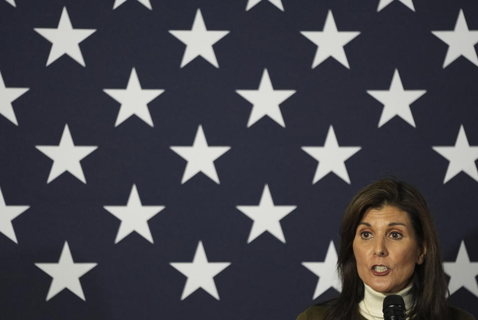 Republican presidential candidate former UN Ambassador Nikki Haley speaks at a campaign event, Saturday, Jan. 13, 2024 ,in Iowa City, Iowa. (AP Photo/Abbie Parr)