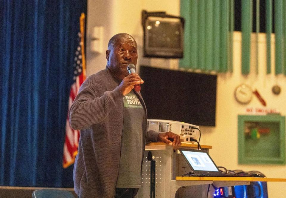 Marvin Dunn talks to Palmetto Middle School students about racism, discrimination and segregation.