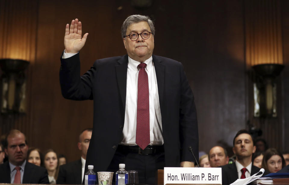 Attorney General William Barr is sworn in to testify before the Senate Judiciary Committee hearing on Capitol Hill in Washington, Wednesday, May 1, 2019, on the Mueller Report. (AP Photo/Andrew Harnik)